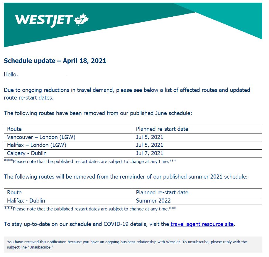 WESTJET Schedule Update 20 April 2021 Aviate